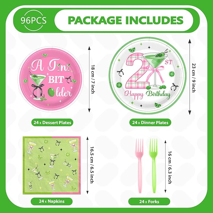 96Pcs Matini 21st Birthday Party Decorations A Tini Bit Older Plates and Napkins Tableware Sets Pink Green Decorations for 21 Years Old Women Girls Birthday Martini Party Supplies Serves 24