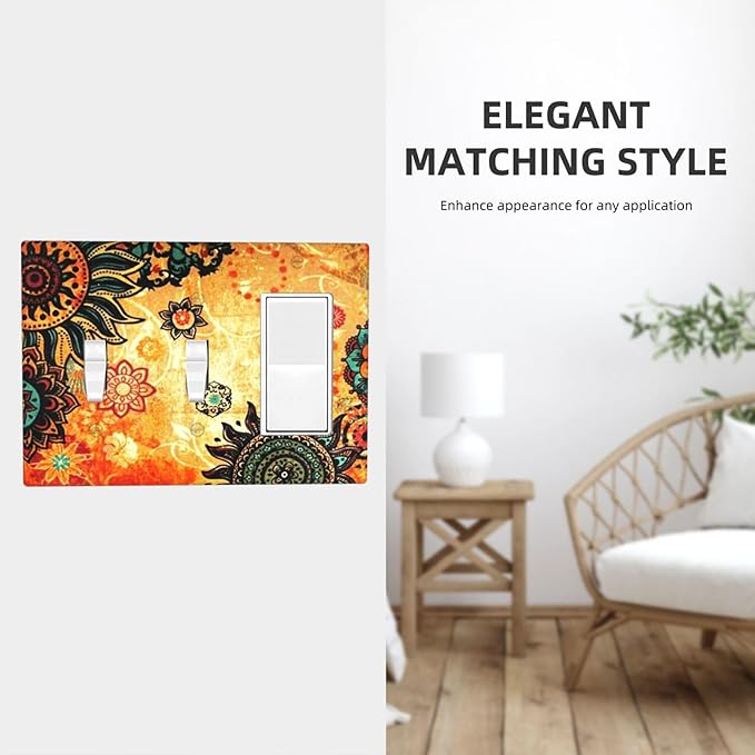 Red Orange Boho Bohemian Flower Floral 3-Gang 2-Toggle 1-GFCI/Decorator Combination Light Switch Decorative Triple Combo Device Switches/Rocker Outlet Covers and Wall Plate