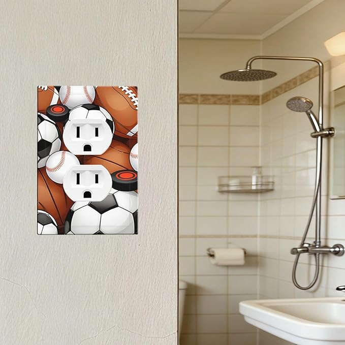 All-Star Sports Balls Collage Duplex Wall Plate - 1-Gang Standard US Size Football Baseball Soccer Game Day Themed Outlet Covers for Boy's Bedroom Decor