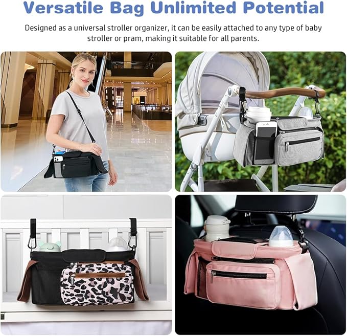Baby Stroller Organizer, Universal Stroller Organizer with Detachable Phone Bag, Stroller Caddy with 2 Insulated Cup Holders, Buggy Organizer Bag with 2 Hooks Fits Most Strollers (Grey)