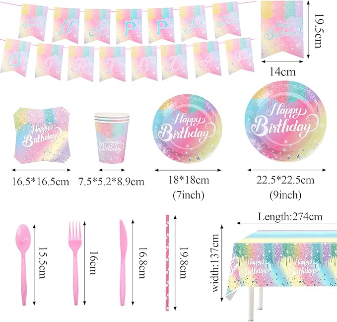 Rainbow Birthday Disposable Dinnerware Sets,Pink Birthday Party Supplies Plates Glitter Diamond Plates,Rose Gold Disposable Tableware Sets Girls Party Plates with Tablecloth Cup Banner Serve 24