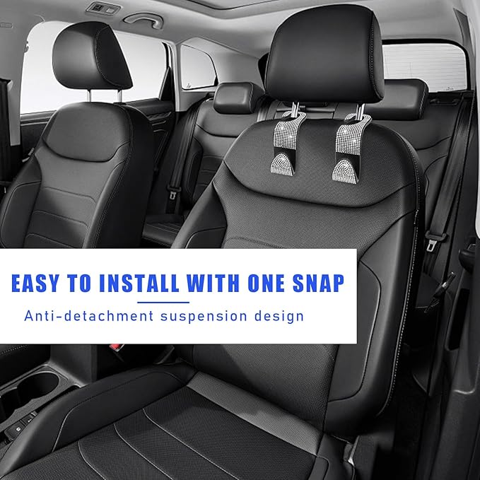 Ohleats 2 PCS Bling Car Seat Headrest Hooks, Crystal Rhinestone Back Seat Hanging Storage Organizer, Vehicle Seat Hanger Holder for Purse Handbag Coat, Interior Car Accessories (White)