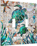 Nautical Teal Green/Blue Sea Turtles Beach Double Toggle Wall Plate Tropical Summer Hawaiian Ocean Marine Starfish Decorative 2-Gang Light Switch Cover Electrical Receptacle Outlet Face Plate Cover