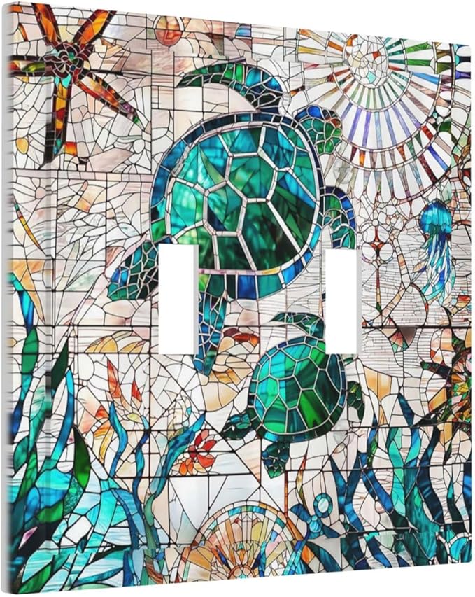 Nautical Teal Green/Blue Sea Turtles Beach Double Toggle Wall Plate Tropical Summer Hawaiian Ocean Marine Starfish Decorative 2-Gang Light Switch Cover Electrical Receptacle Outlet Face Plate Cover