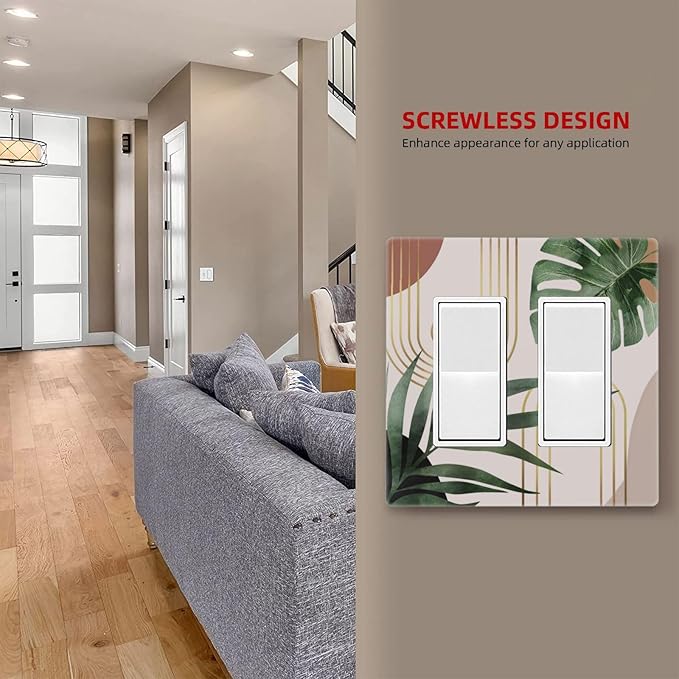 1970s Boho Mid Century Sun Bohemian Palm Leaf Minimalist Abstract Art 2 Gang Screwless Double GFCI Decorator/Rocker Outlet Light Switch Wall Plate Covers Decorative Dual Device Receptacle Faceplate