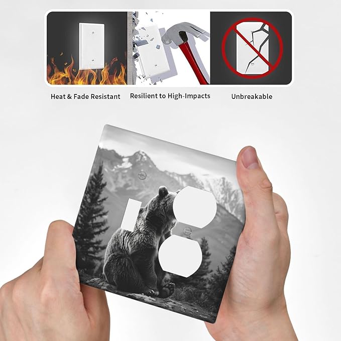 Light Switch Cover Plate Black White Bear Mountain Pine Trees Wilderness 2 Gang Decorative Switch Plates 1 Toggle Duplex Combo Outlet Covers GFCI Wall Plates for Bathroom Bedroom Decor