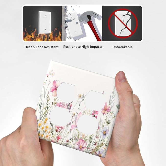Pink Floral Wild Flowers Watercolor Plants Outlet Covers 2 Gang Double Duplex Decorative Light Switch Covers Electrical Wallplates Socket Faceplate for Bedroom Living Room Decor