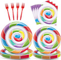 96pcs Candy World Party Supplies for 24 Guests Sweet Candy Tableware Set Lollipop Plates Napkins Dinnerware Table Decorations for Birthday Pink Donut Party Favors