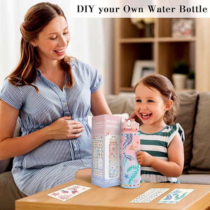 Gifts for Girls 4-12, Decorate Your Own Water Bottle Kits for Kids Age 4-6-8-10, Pink Easter Birthday Gifts for 5 6 7 8 9 10 Year Old Kid, Mermaid Water Bottle Fun DIY Art and Craft Gift Toys for Girl