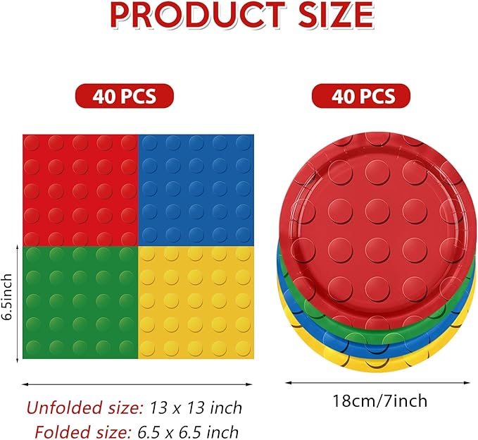 80PCS Building Blocks Themed Birthday Party Decorations Colorful Building Block Tableware Paper Plates Napkins Set for Boys, Kid’s Birthday Party Decorations Serve 20