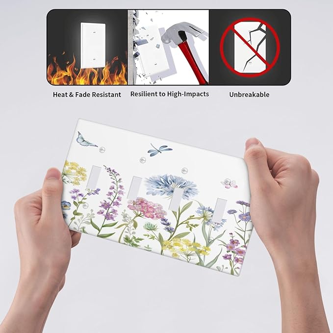 Colorful Wildflowers Dragonfly Lavender Butterfly Insect Light Switch Covers Quad Toggle Electrical Faceplate 4 Gang Wall Plate Decorative Switch Plates Cover for Bedroom Living Room Decor