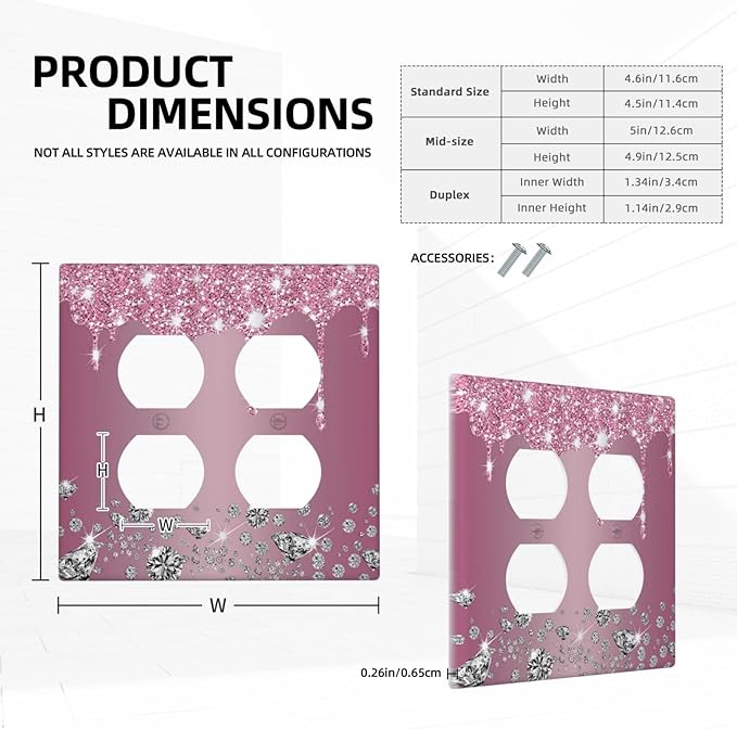 Decorative Outlet Covers Sparkling Diamonds Pink Silver Glitter Drops 2 Gang Wall Plate Cover Double Duplex Receptacle Two Switch Light Switch Cover Plate Jumbo Dual Face Plate