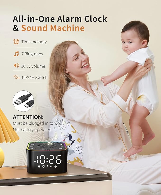 White Noise Sound Machine, Alarm Clock with Sound Machine for Sleeping, White Noise Machine with Digital Clock for Bedrooms, RGB Night Light, 30 Soothing Sounds for Baby Kids Adults