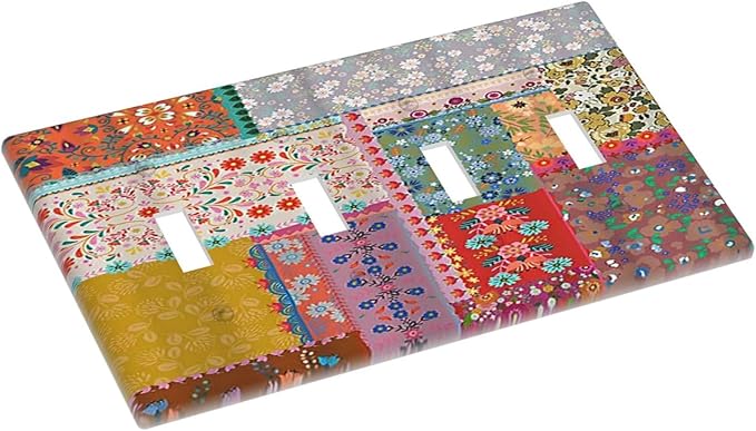 Light Switch Cover Boho Patchwork Bohemian Stitching Colorful Floral 4 Gang Switch Plate Quad Toggle Wall Plates Decorative Switchplate Electrical Outlet Cover Plates for Bathroom Home Decor