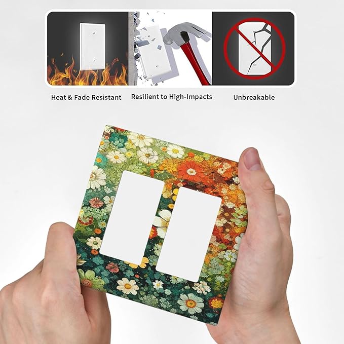 Light Switch Cover Plate Colorful Flowers Green Plants Meadow Floral 2 Gang Double Rocker Outlet Covers Decorative Switch plates Electrical Wall Plates GFCI Receptacle for Bathroom Bedroom