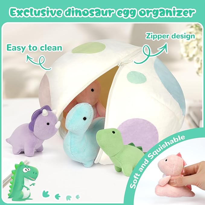 Soft Plush Dinosaur Toys, Cute Stuffed Dinosaur Egg with 5 Small Dino Plushies for Themed Party for Kids Girls Boys