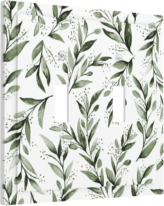 Green Leaf Olive Leaf Sage Floral Decorative Switch Plates 2 Gang Double Toggle Outlet Light Switch Cover Wall Plate Electrical Faceplate for Bedroom Living Room Decor
