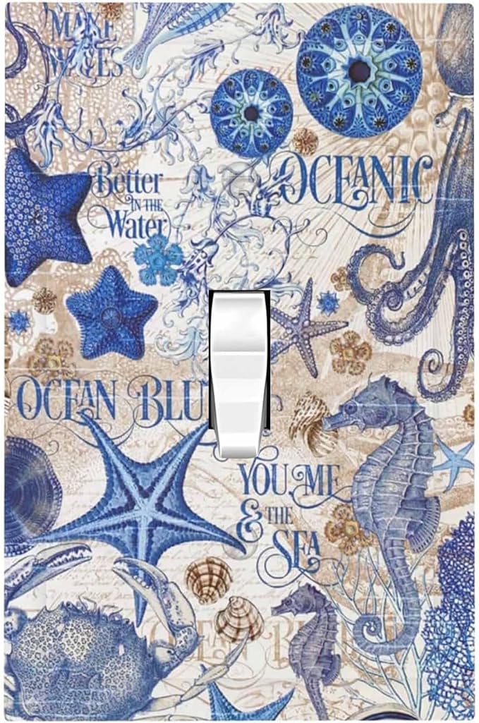 Decorative Light Switch Cover Vintage Sea Blue Seahorse Starfish Octopus 1 Gang Single Toggle Device Electrical Faceplate Switchplates Decorator Outlet Wall Plate For Kids Room Home Decor