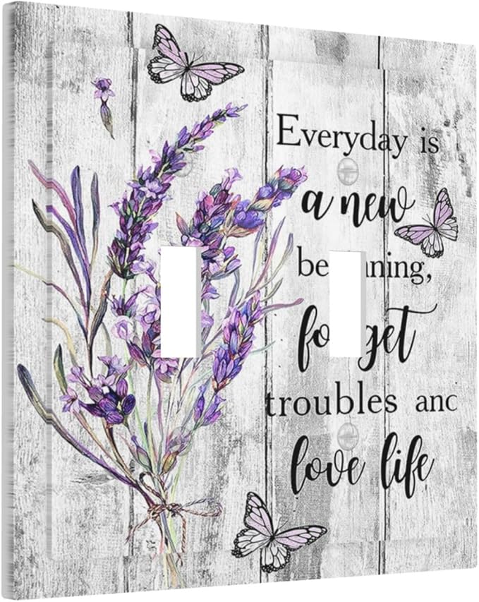 Light Switch Cover Purple Lavender Flower Butterfly on Wood Plank 2 Gang Wall Plate Double Light Switch Plate Inspirational quotation Floral Toggle Decorative Outlet Covers Electrical Switchplate