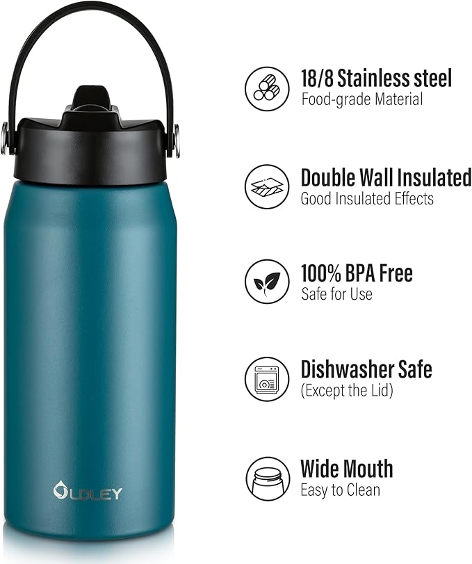 Oldley 18oz Insulated Water Bottle with Straw, Stainless Steel Water Bottle for Sports, Travel, School, BPA-Free Sports Bottles for Adult Kids, Leak-Proof, Emerald Green