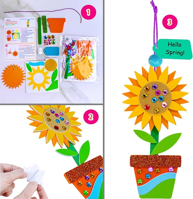 Winlyn 24 Sets Potted Flower Craft Kits DIY Potted Flower Ornaments Decorations Tulip Sunflower Foam Stickers Arts and Crafts for Kids Classroom Activities Birthday Spring Summer Camping Party Favors