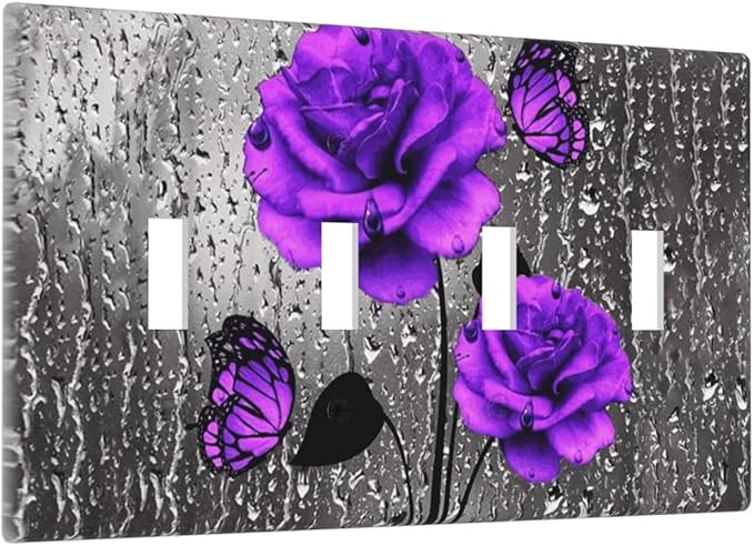 Romantic Purple Butterfly Rose Flower Decorative 4 Gang Quad Toggle Light Switch Cover Electric Large Size Quadruple Faceplate Decorative Switch Face Wallplate
