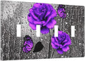 Romantic Purple Butterfly Rose Flower Decorative 4 Gang Quad Toggle Light Switch Cover Electric Large Size Quadruple Faceplate Decorative Switch Face Wallplate