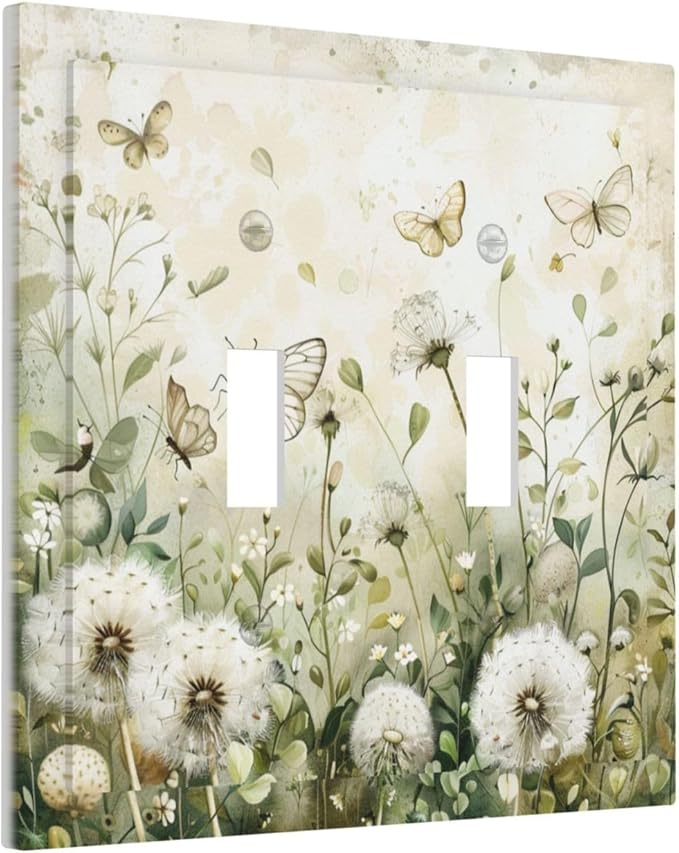 Light Switch Cover Plate Watercolor Butterflies Dandelions Wildflowers 2 Gang Double Toggle Decorative Switch Plates Wall Plates Electrical Faceplate for Bathroom Bedroom Decor