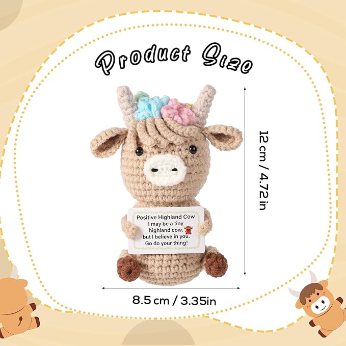 Knitted Highland Cow, Funny Cute Positive Cow Crochet Inspirational Knitted Doll with Positive Card Uplifting Knitted Toy Gift for Friends Family Party Decoration