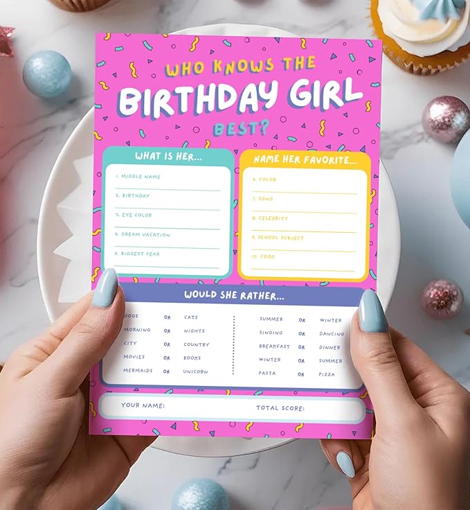Markt Who Knows The Birthday Girl Best, Birthday Party Games for Kids Party Games, Game Supplies and Activities for Teens, Boys or Girls (Pink)