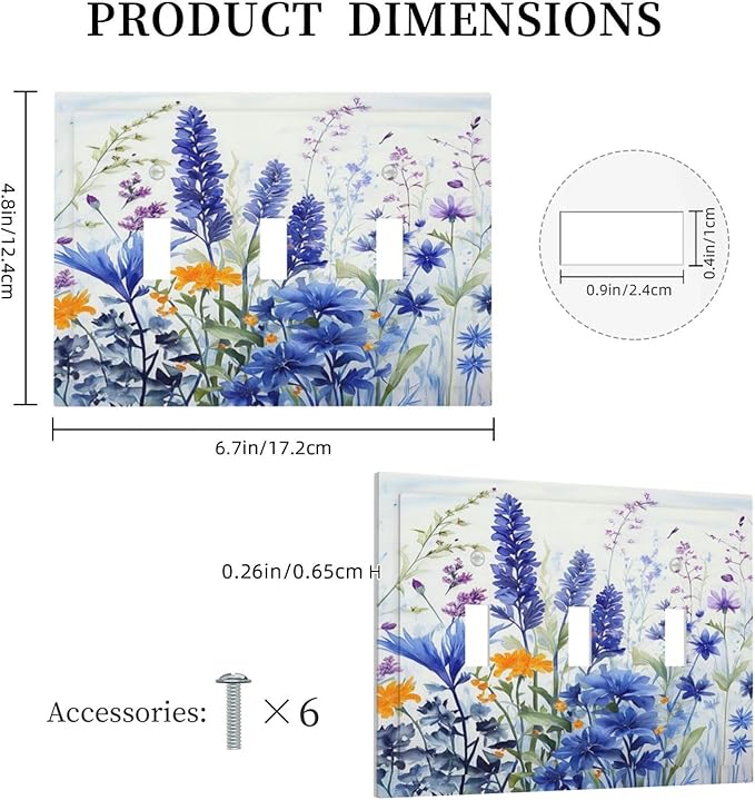 Light Switch Cover Plate Lavender Watercolor Wildflowers Colorful floral 3 Gang Triple Toggle Decorative Switch Plates Wall Plates Electrical Switchplate Faceplate for Bathroom Bedroom Decor