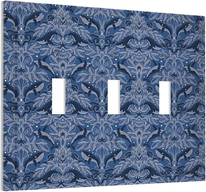 Blue Modern Nautical Art Whale Fish Ocean Damascus Decorative Switch Plates 3 Gang Wall Plate Triple Toggle Light Switch Cover Faceplate Electrical Wall Panels for Bedroom Living Room Decor