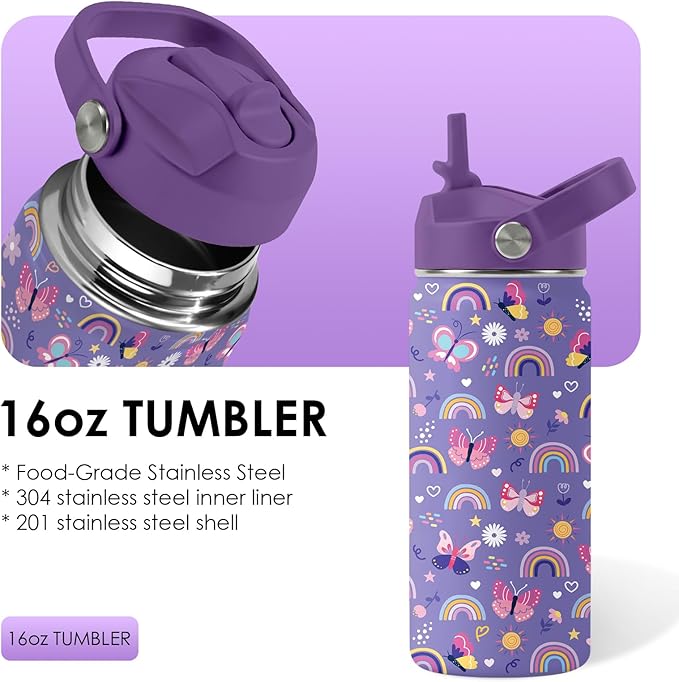 Butterfly Gifts - 16oz Purple Kids Water Bottle with Straw Lid, Stainless Steel Insulated Tumbler, Leakproof, BPA-Free, for Girls, School, Travel - Butterfly Rainbow Themed Birthday Gift Cup (1pc)