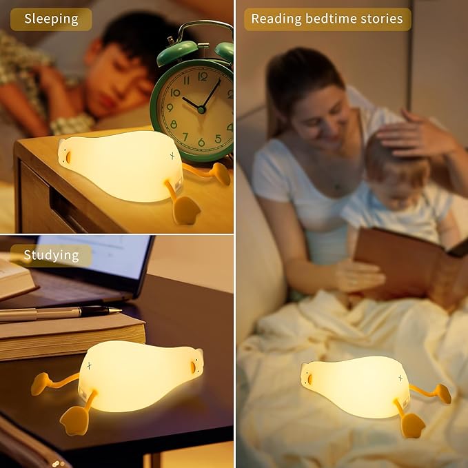 Duck Night Light, Soft Squishy Silicone Kids Nightlight, Lying Flat 3 Level Dimmable Touch Lamp with Timer, 1200mAh USB Rechargeable Baby Nursery Lamp,Xmas Gifts Kawaii Bedroom Decor