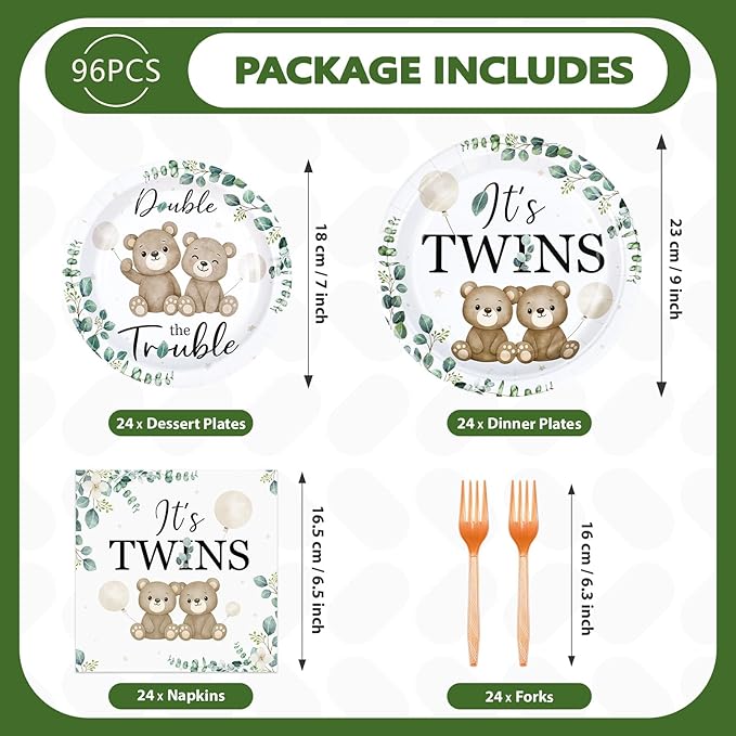96 Pcs Twin Baby Shower Party Decorations Twin Bear Paper Plates and Napkins It's Twins Sage Green Disposable Tableware Set for Twins Baby Shower Boys Girls Birthday Party Supplies, Serves 24