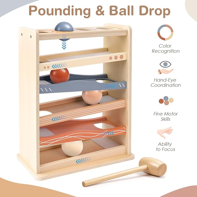 Vanplay Ball Drop Toys for One Year Old Boy Girls Birthday Gifts, Montessori Toys for 1 2 Year Old, Wooden Hammer Rolling Ball Toys for Toddlers 1-3, Cause and Effect Toys for Baby 12M+ First Gifts