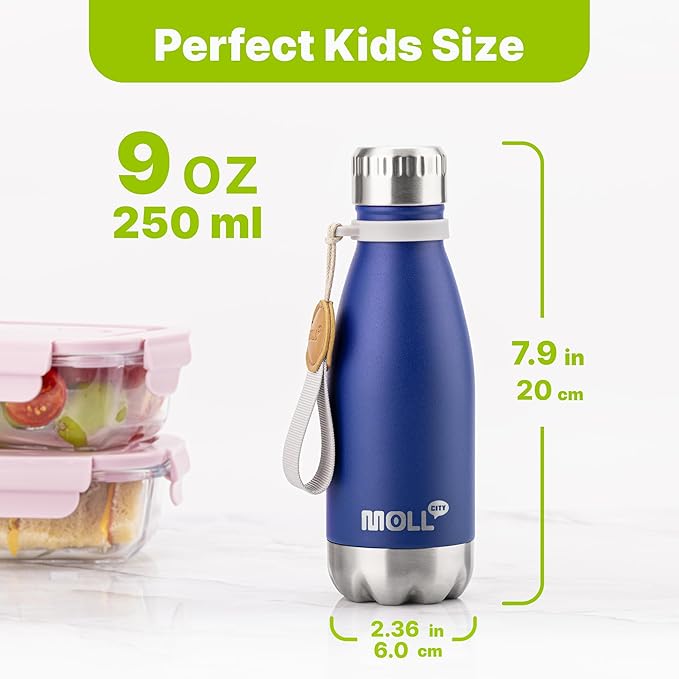 Small Water Bottle-9 oz Stainless Steel Water Bottle for Kids School Insulated Vacuum Metal Leak Proof Cola Shape Mini Water Bottle for Boys (Navy)