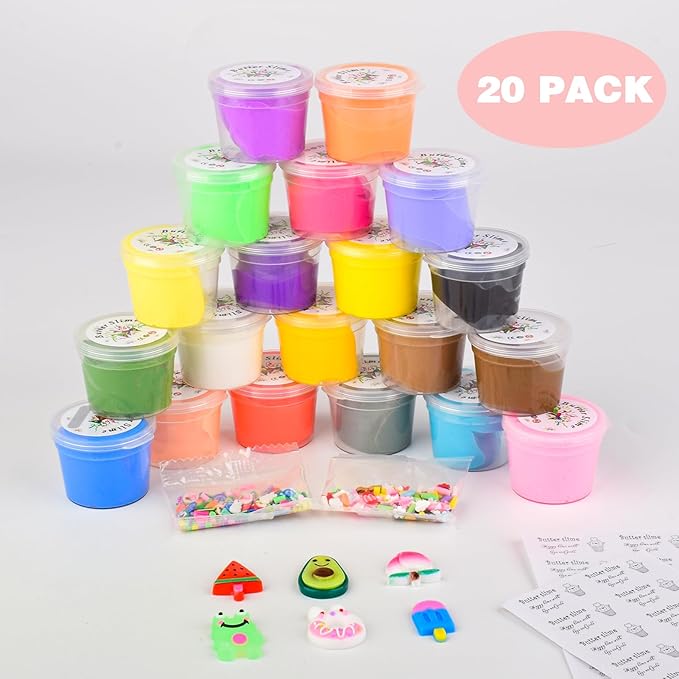 WUHUANIU 20 Packs Multicolor Butter Slime Kit, Super Stretchy & Non-Sticky, Slime Party Favors for Kids & Adults, Goodie Bag Stuffers