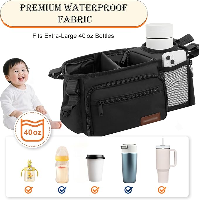Stroller Organizer Bag with Insulated Cup Holder & Adjustable Dividers, Non-Slip Stroller Caddy with Multiple Pockets, Fits 14"-19" Handles, Water-Resistant, Black