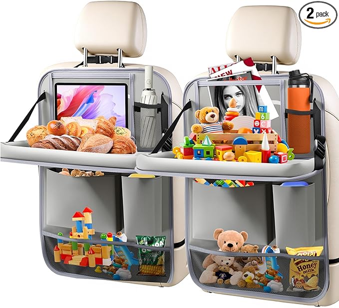 2Pack Car Backseat Organizer with Foldable Table Tray,6 Storage Pockets Car Storage Organizer with Tablet Holder,Car Seat Back Protectors Kick Mats Travel Accessories (Grey)