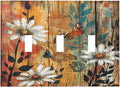 Light Switch Cover Plate Vintage Wooden Daisies Butterflies Floral 3 Gang Triple Toggle Decorative Switch Plates Wall Plates Electrical Switchplate Faceplate for Bathroom Farmhouse Decor