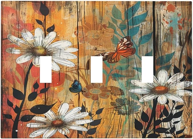 Light Switch Cover Plate Vintage Wooden Daisies Butterflies Floral 3 Gang Triple Toggle Decorative Switch Plates Wall Plates Electrical Switchplate Faceplate for Bathroom Farmhouse Decor