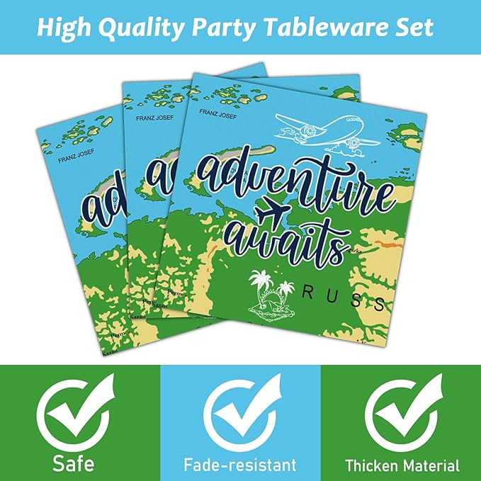 Wiooffen 96 Pcs Adventure Awaits Party Supplies Travel Map Birthday Plates Napkins Forks for Birthday Retirement Going Away Bon Voyage Paper Tableware Set Adventure World Party Decorations 24 Guests