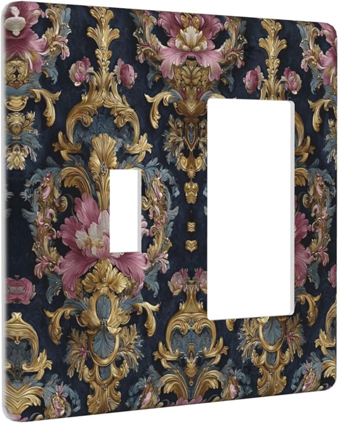 Decorative Outlet Covers Rococo Pink Floral Flower Gold Leaf 2 Gang Light Switch Cover Plate Single Toggle 1 Rocker Wall Plates for Electrical Outlets Switch Plate Covers for Bedroom Decor
