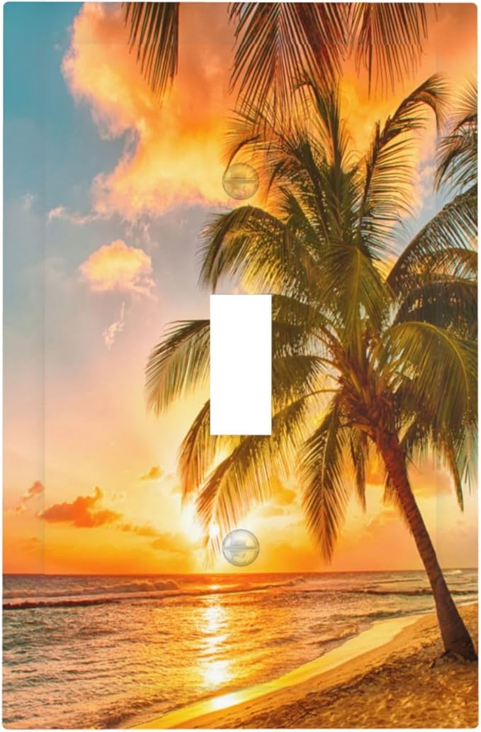 Light Switch Cover Sunset Beach Palm Tree Seascape 1 Gang Wall Plate Cover Tropical scenery Single Toggle Outlet Covers Decorative Switchplate Electrical Faceplate for Bathroom Home Decor