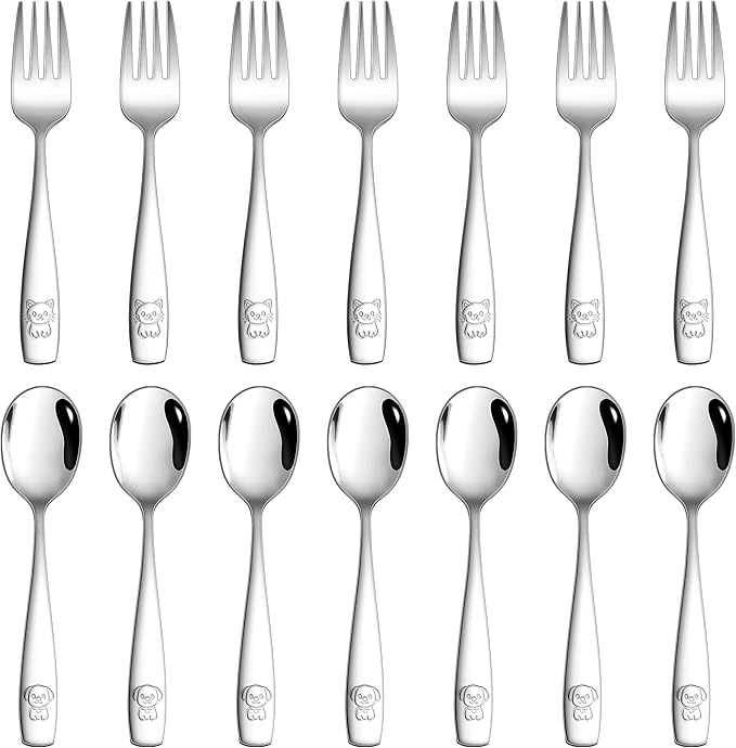 LIANYU Kids Silverware Set, 14 Pieces Stainless Steel Toddler Utensil Set with Small 7 Forks and 7 Spoons, Children Safe Flatware Cutlery for Self-Feeding, Food Grade & Cute Pattern, Dishwasher Safe