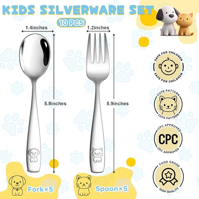 LIANYU 10 Pieces Toddler Silverware Set, Stainless Steel Kids Silverware Set, Metal Baby Utensils with Small Toddler Forks and Spoons, Children Safe Flatware with Cute Pattern, Dishwasher Safe