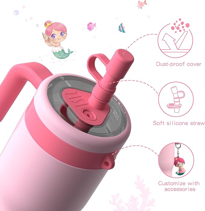 OISIZ 14oz Kids Tumbler with Straw Lid & Handle,Kids Cup with Animal Accessory for School,Kids Water Bottles with Dust-proof Cover,Leakproof Water Bottles,316 Stainless Steel,Keep Cold 24 Hours-pink