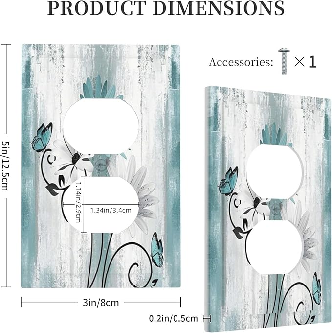 Decorative Outlet Covers Teal Daisy Floral Butterfly Vintage Wood 1 Gang Duplex Light Switch Cover Plate Electrical Switch plates WallPlates Socket Covers for Bathroom Bedroom Decor