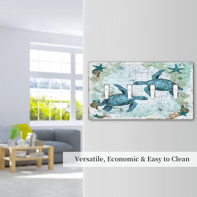 Light Switch Covers Nautical Green Sea Turtles Beach Blue Ocean Quad Toggle Electrical Faceplate 4 Gang Wall Plate Decorative Switch Plates For Bathroom Kids Room Decor